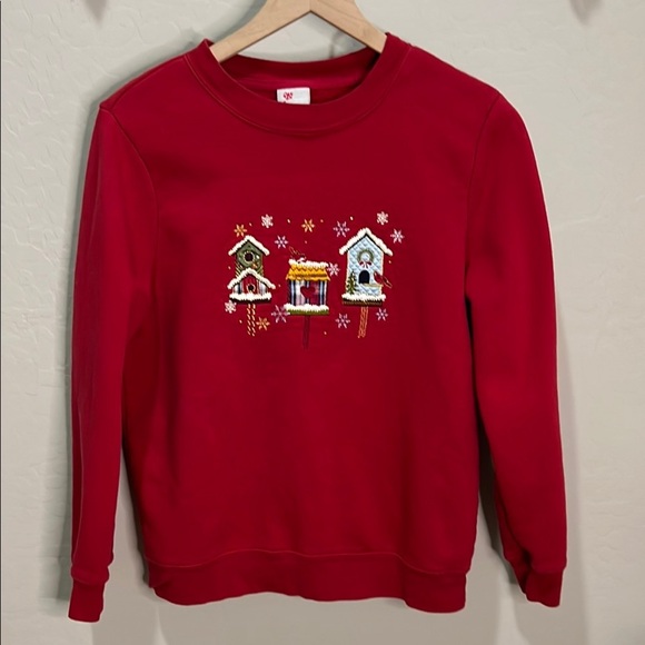 Vintage Grandma Sweatshirt Birdhouse Red Holiday Bird Christmas Crew Neck Snow - Picture 1 of 9